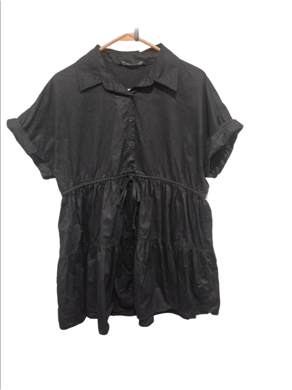 Zara Black Cotton Tiered Babydoll Button Dress Size Small